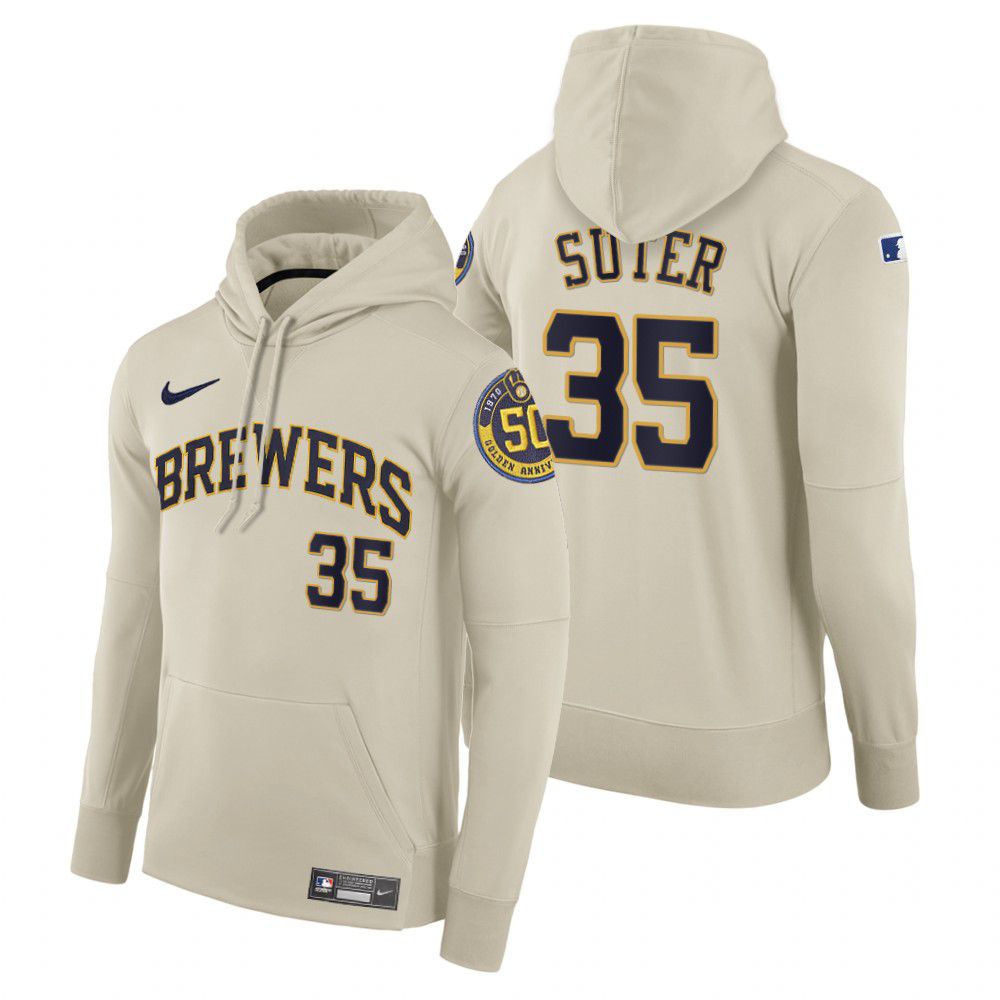 Men Milwaukee Brewers #35 Suter cream home hoodie 2021 MLB Nike Jerseys